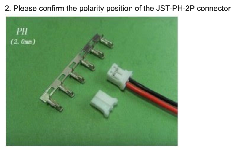 Diagram confirming the polarity position of a JST-PH-2P connector